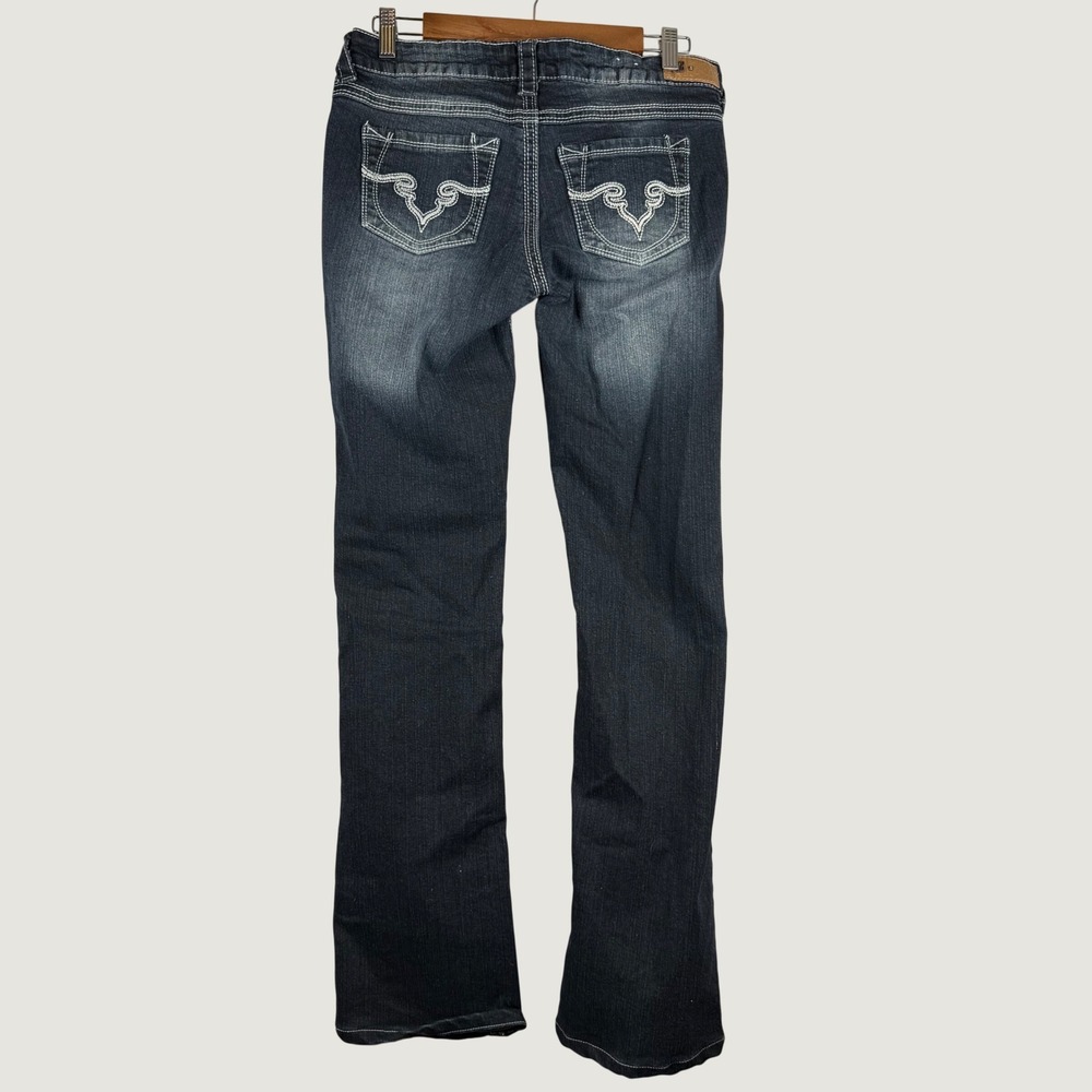 Y2K Western Low Rise Dark Wash Bootcut Jeans Women 7x33 Thick Stitch Embroidered - Picture 2 of 12